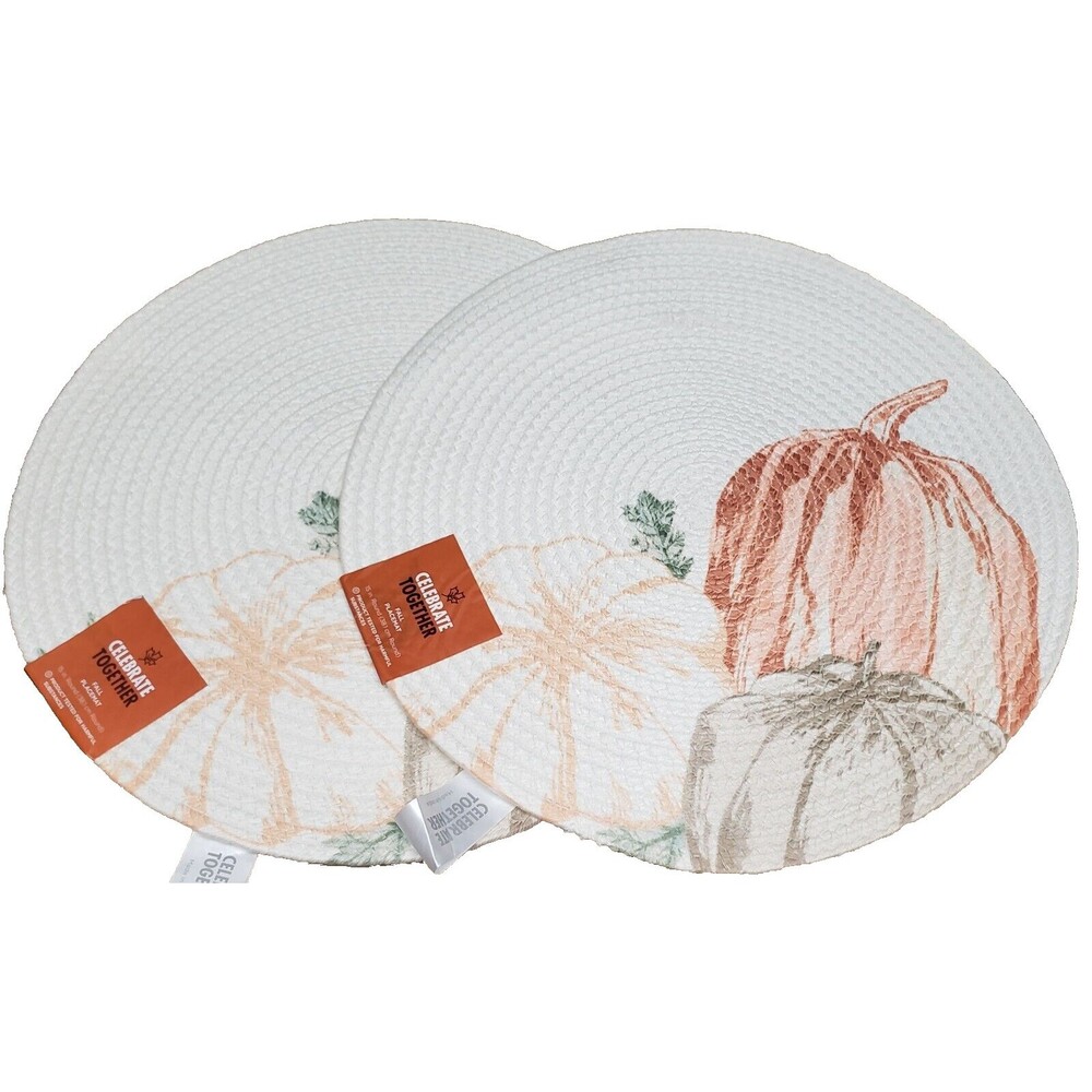 Set of 2 Same Round Braided Placemats (15") FALL MULTICOLOR PUMPKINS, KO